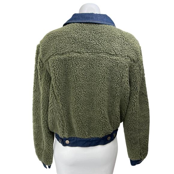 Brooklyn Karma Green Blue Denim Sherpa Fleece Collar Button Down Coat Jacket M - Picture 2 of 5